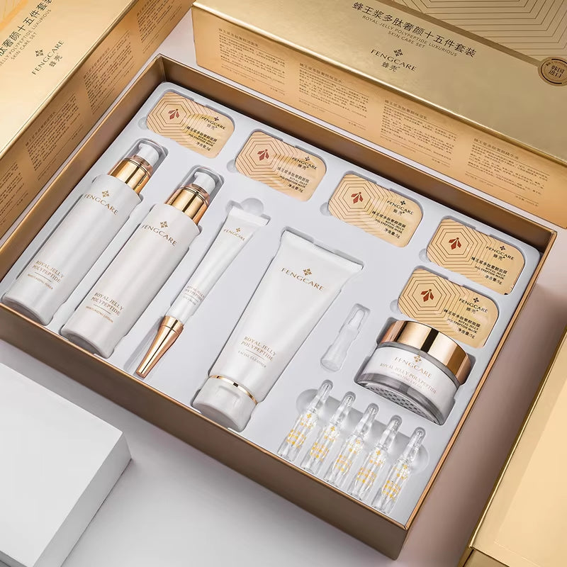 Facial Skin Care Set with Box Royal Jelly Essence Face Serum 15Pcs Set Moisturizing Skincare Kit Beauty Korean Facial Skin Care